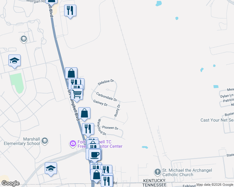 map of restaurants, bars, coffee shops, grocery stores, and more near 403 Sideline Drive in Oak Grove