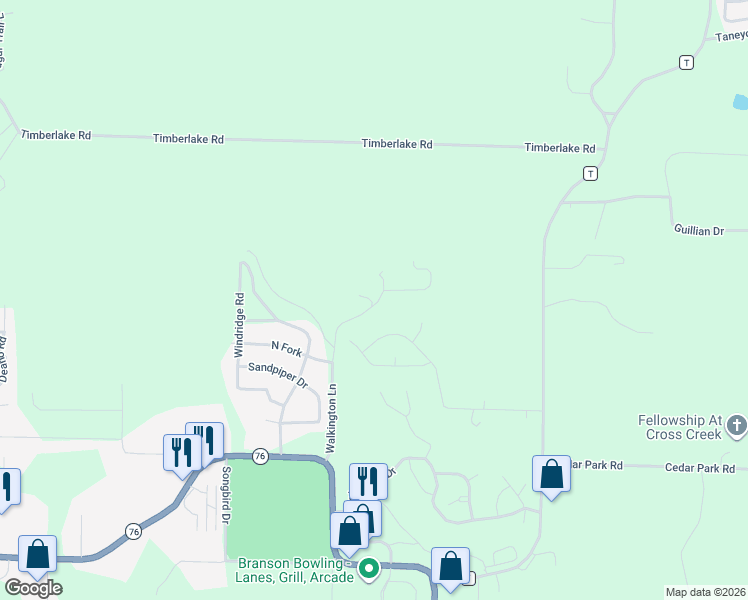 map of restaurants, bars, coffee shops, grocery stores, and more near Walkington Lane in Branson