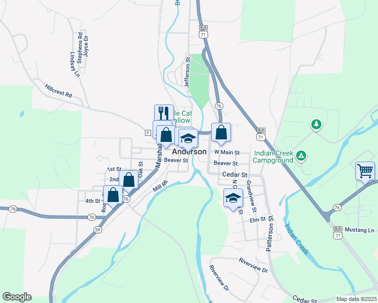map of restaurants, bars, coffee shops, grocery stores, and more near in Anderson