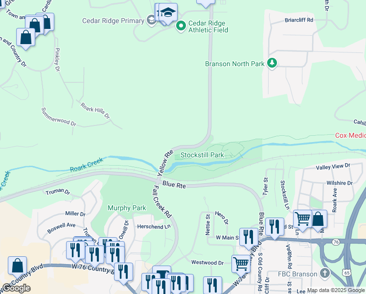 map of restaurants, bars, coffee shops, grocery stores, and more near James F Epps Road in Branson