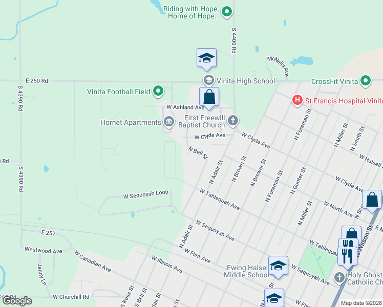 map of restaurants, bars, coffee shops, grocery stores, and more near 130 Clay Circle in Vinita