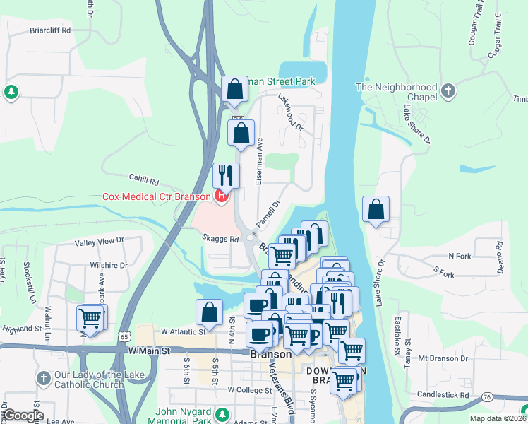 map of restaurants, bars, coffee shops, grocery stores, and more near 514 Eiserman Avenue in Branson