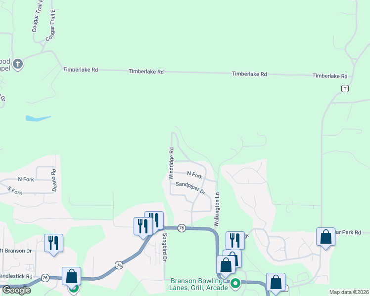 map of restaurants, bars, coffee shops, grocery stores, and more near 157 Windridge Road in Branson