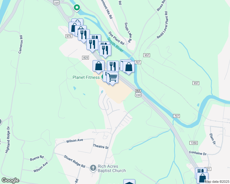 map of restaurants, bars, coffee shops, grocery stores, and more near 2828 Greensboro Road in Martinsville