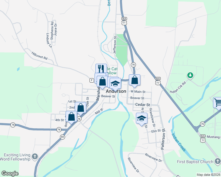 map of restaurants, bars, coffee shops, grocery stores, and more near 101 West Main Street in Anderson