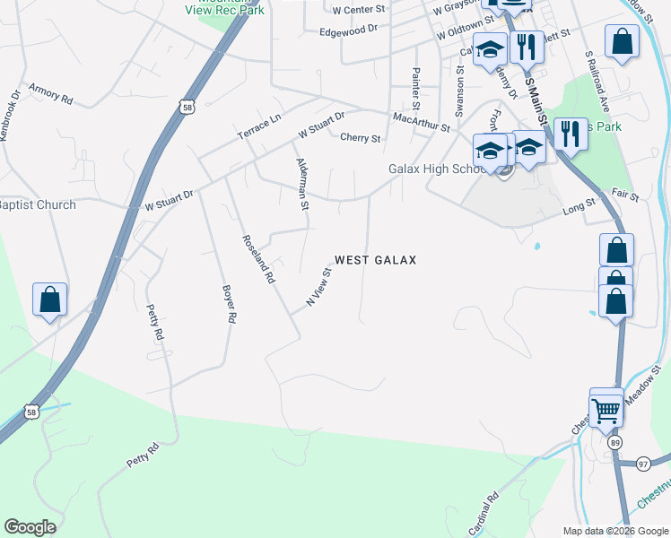 map of restaurants, bars, coffee shops, grocery stores, and more near 100-130 North View Street in Galax