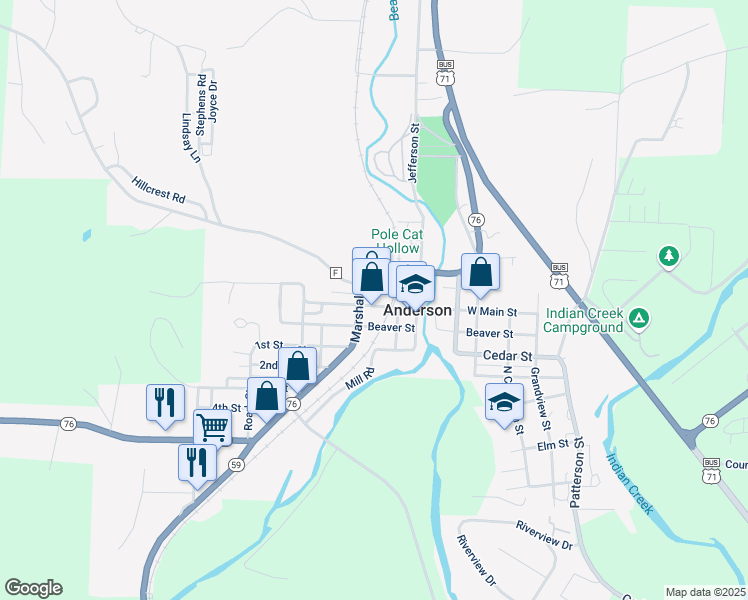 map of restaurants, bars, coffee shops, grocery stores, and more near 109 West Main Street in Anderson