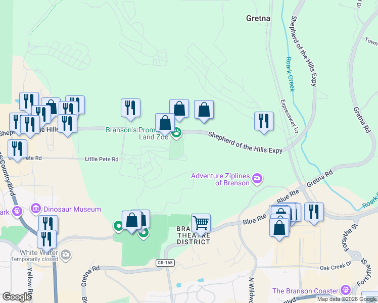 map of restaurants, bars, coffee shops, grocery stores, and more near 2693 Shepherd of the Hills Expressway in Branson