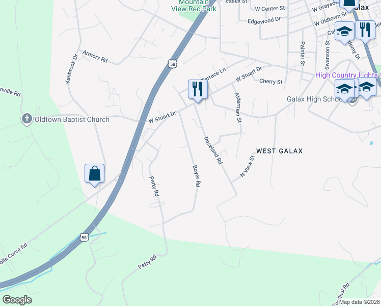 map of restaurants, bars, coffee shops, grocery stores, and more near 200-208 Boyer Road in Galax