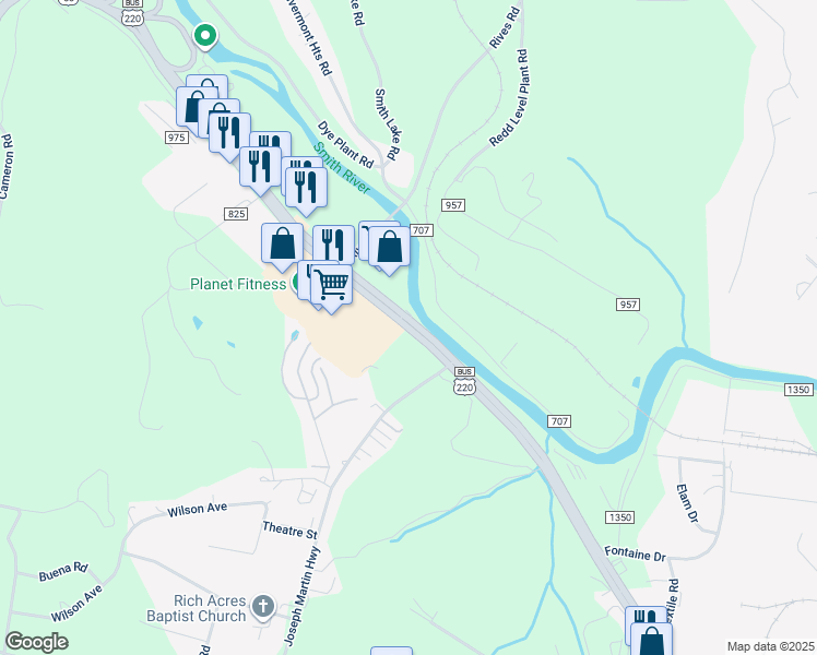 map of restaurants, bars, coffee shops, grocery stores, and more near 2828 Greensboro Road in Martinsville