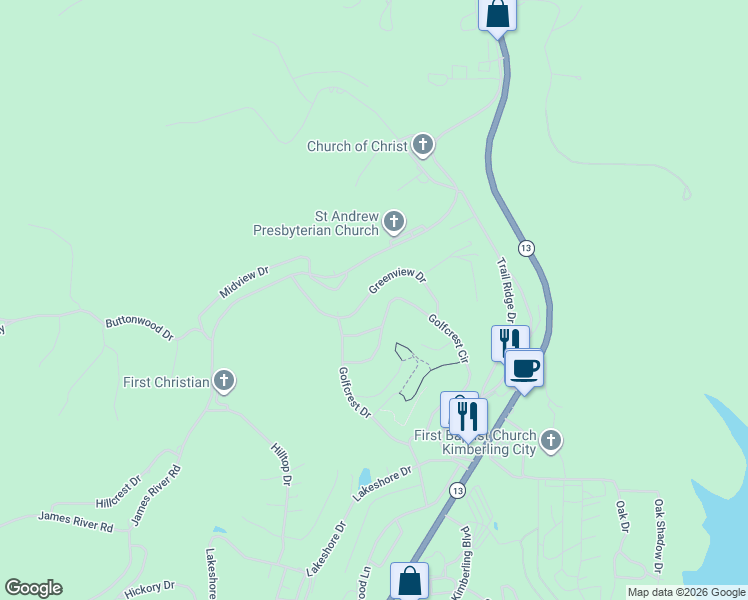 map of restaurants, bars, coffee shops, grocery stores, and more near 15 Greenview Drive in Kimberling City