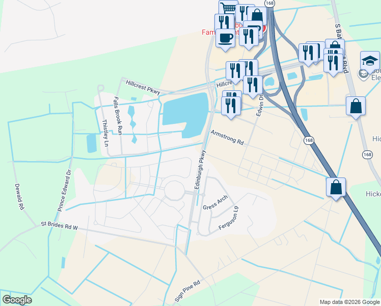 map of restaurants, bars, coffee shops, grocery stores, and more near 416 Thistley Lane in Chesapeake