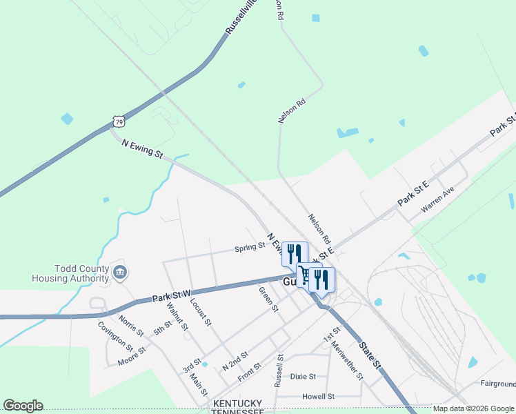 map of restaurants, bars, coffee shops, grocery stores, and more near 201-247 N Ewing St in Guthrie