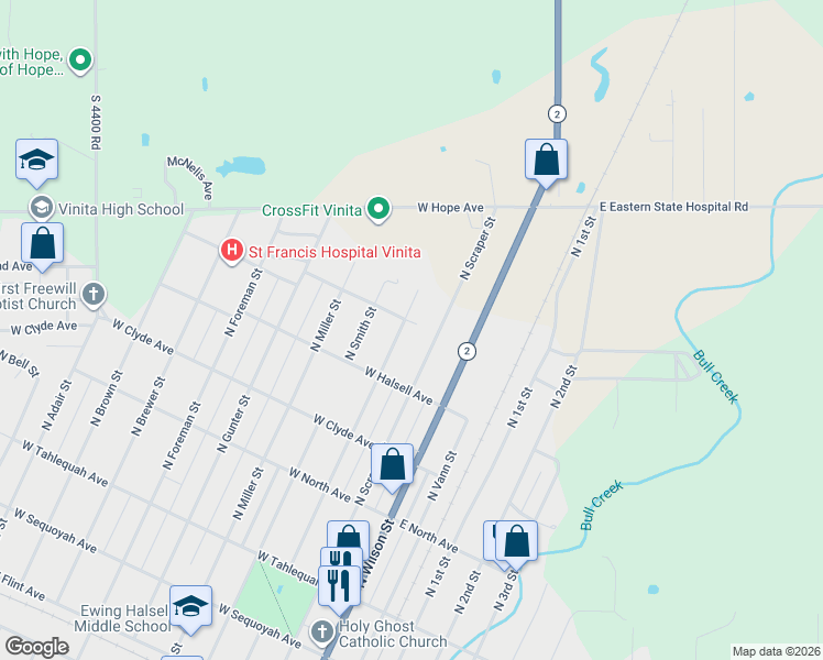 map of restaurants, bars, coffee shops, grocery stores, and more near 756 North Thompson Street in Vinita