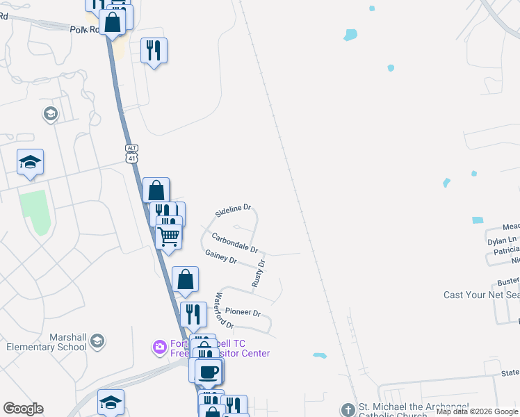 map of restaurants, bars, coffee shops, grocery stores, and more near 422 Sideline Drive in Oak Grove