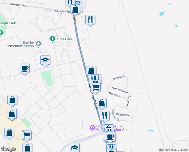 map of restaurants, bars, coffee shops, grocery stores, and more near 15874 Fort Campbell Boulevard in Oak Grove