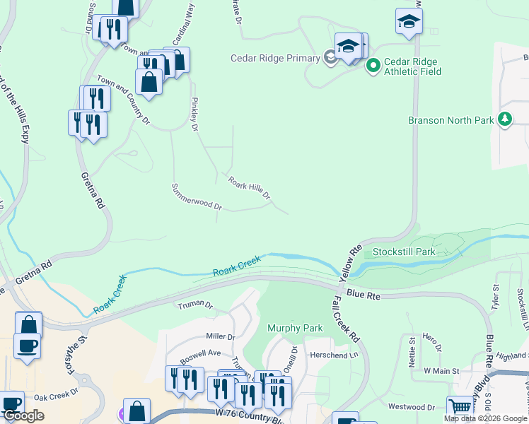 map of restaurants, bars, coffee shops, grocery stores, and more near 314 Summerwood Drive in Branson