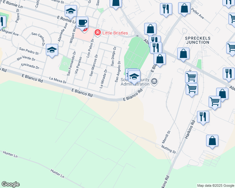 map of restaurants, bars, coffee shops, grocery stores, and more near 1285 San Angelo Drive in Salinas