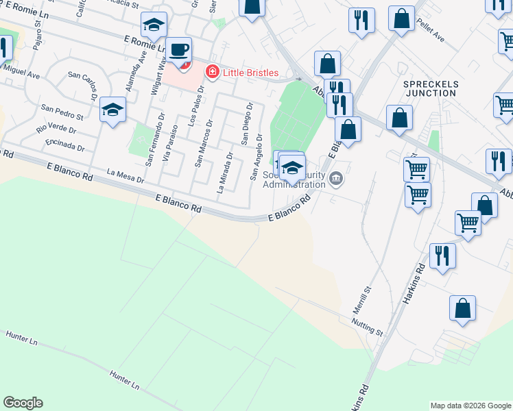 map of restaurants, bars, coffee shops, grocery stores, and more near 1285 San Angelo Drive in Salinas