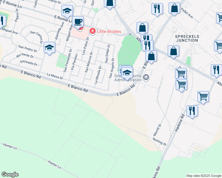 map of restaurants, bars, coffee shops, grocery stores, and more near 1285 San Angelo Drive in Salinas