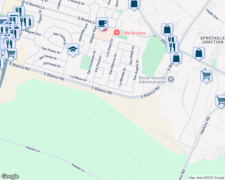 map of restaurants, bars, coffee shops, grocery stores, and more near 662 La Mesa Drive in Salinas
