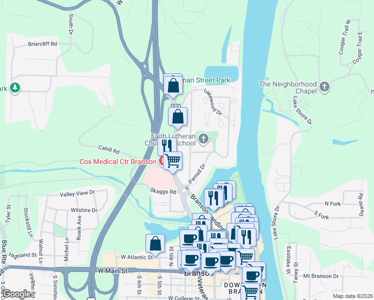 map of restaurants, bars, coffee shops, grocery stores, and more near 603 Eiserman Avenue in Branson