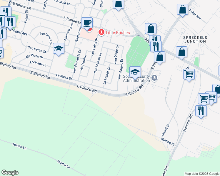 map of restaurants, bars, coffee shops, grocery stores, and more near 731 La Mesa Drive in Salinas