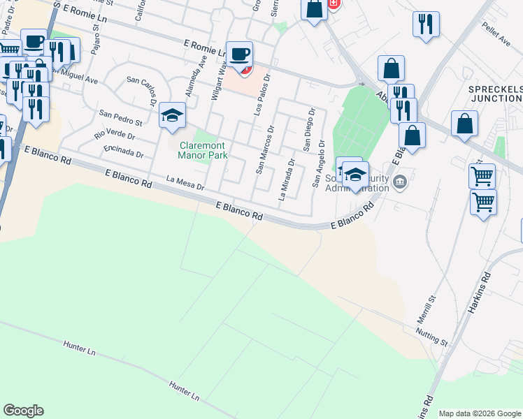 map of restaurants, bars, coffee shops, grocery stores, and more near 644 La Mesa Drive in Salinas