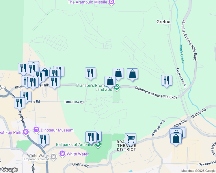 map of restaurants, bars, coffee shops, grocery stores, and more near 2855 Shepherd of the Hills Expressway in Branson