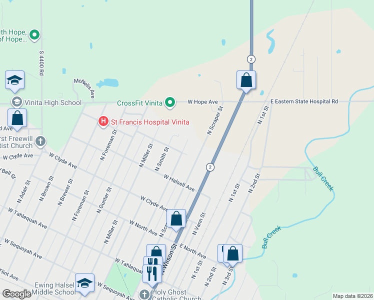 map of restaurants, bars, coffee shops, grocery stores, and more near 756 North Thompson Street in Vinita