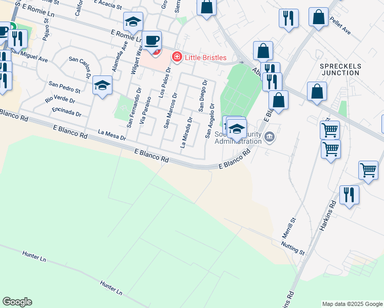 map of restaurants, bars, coffee shops, grocery stores, and more near 731 La Mesa Drive in Salinas