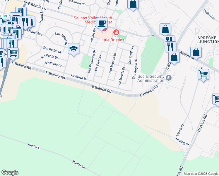 map of restaurants, bars, coffee shops, grocery stores, and more near 644 La Mesa Drive in Salinas