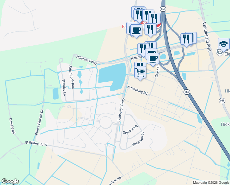 map of restaurants, bars, coffee shops, grocery stores, and more near 416 Thistley Lane in Chesapeake