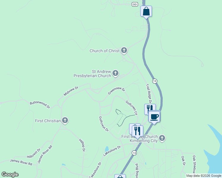map of restaurants, bars, coffee shops, grocery stores, and more near 15 Greenview Drive in Kimberling City