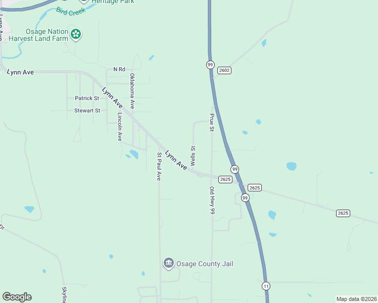 map of restaurants, bars, coffee shops, grocery stores, and more near 105 Wells Avenue in Pawhuska