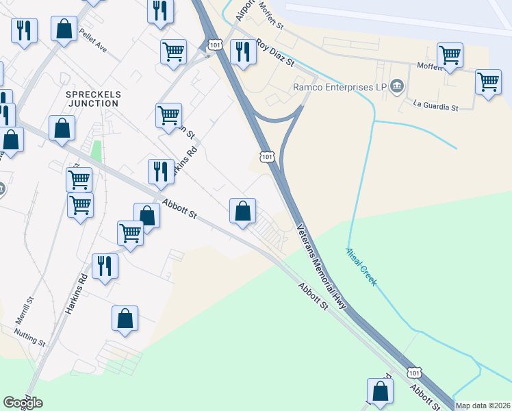map of restaurants, bars, coffee shops, grocery stores, and more near 1441 Schilling Place in Salinas