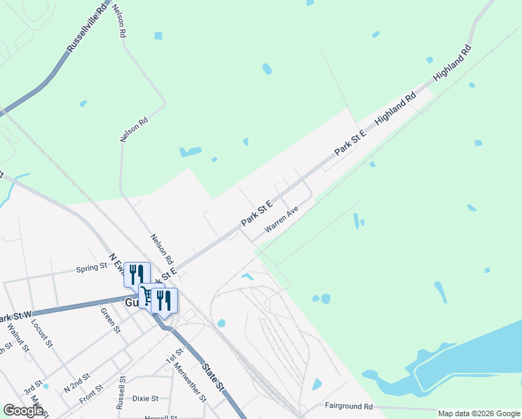 map of restaurants, bars, coffee shops, grocery stores, and more near 120 Park Street East in Guthrie