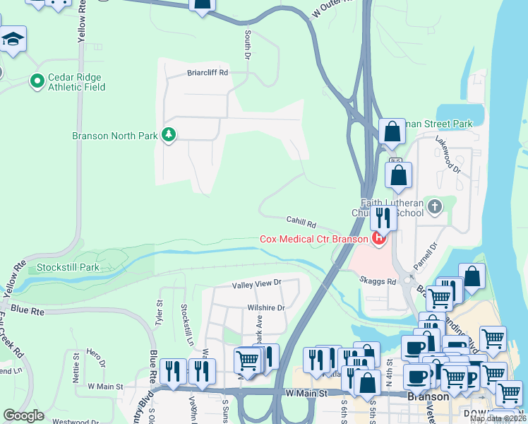 map of restaurants, bars, coffee shops, grocery stores, and more near 210-498 Cahill Rd in Branson