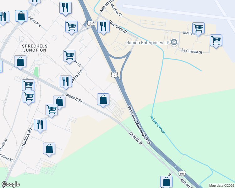 map of restaurants, bars, coffee shops, grocery stores, and more near 1441 Schilling Place in Salinas