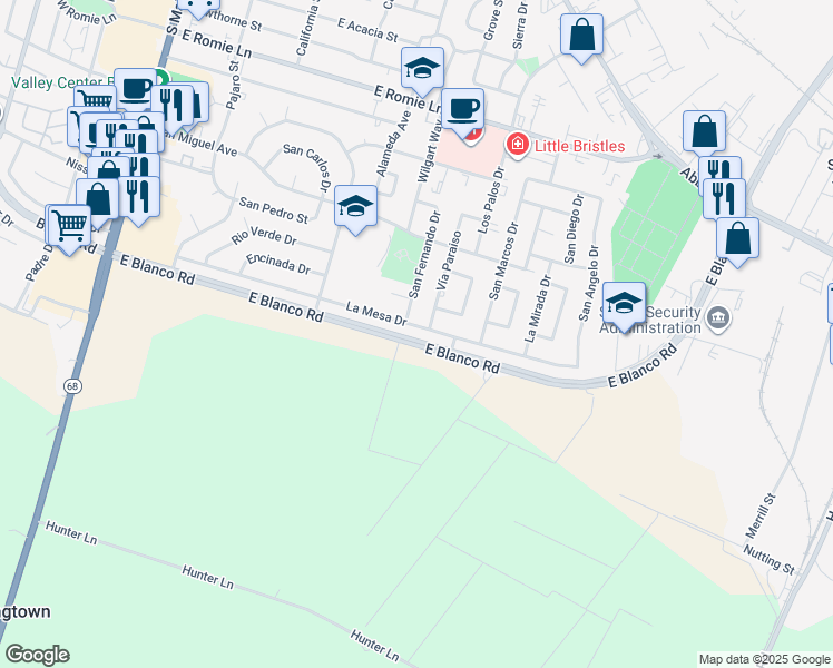 map of restaurants, bars, coffee shops, grocery stores, and more near 516 La Mesa Drive in Salinas