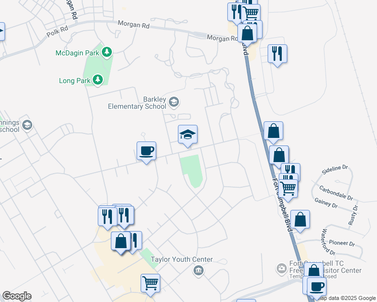 map of restaurants, bars, coffee shops, grocery stores, and more near 3066 Forrest Road in Fort Campbell