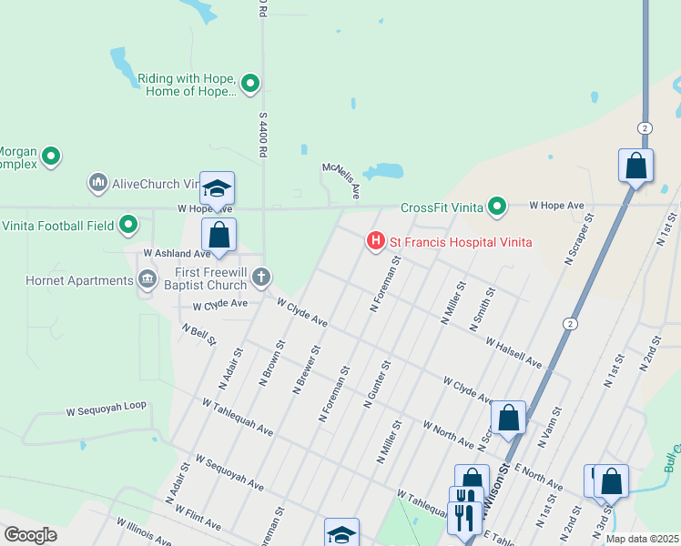 map of restaurants, bars, coffee shops, grocery stores, and more near 716 North Brown Street in Vinita