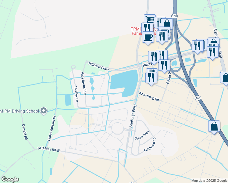 map of restaurants, bars, coffee shops, grocery stores, and more near 404 Justin Quay in Chesapeake