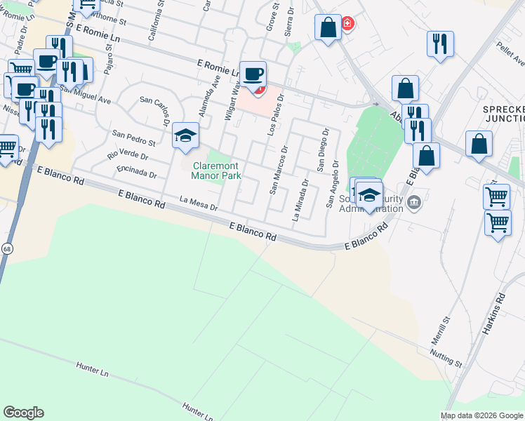 map of restaurants, bars, coffee shops, grocery stores, and more near 1266 San Marcos Drive in Salinas