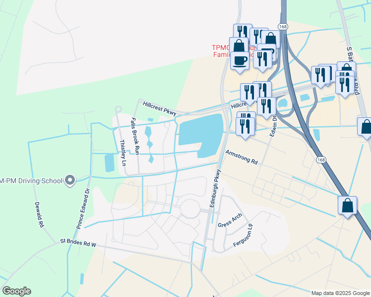 map of restaurants, bars, coffee shops, grocery stores, and more near 404 Justin Quay in Chesapeake