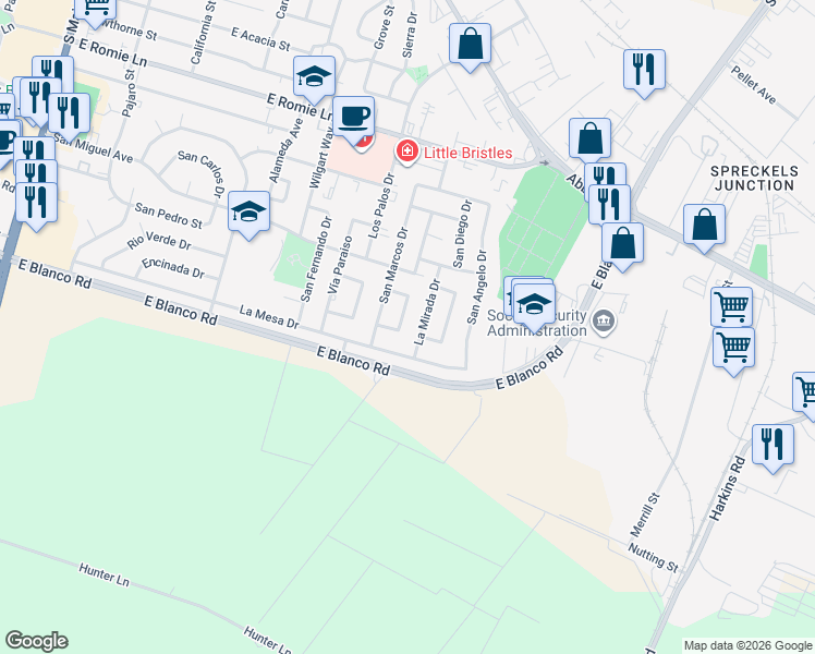 map of restaurants, bars, coffee shops, grocery stores, and more near 1250 La Mirada Drive in Salinas
