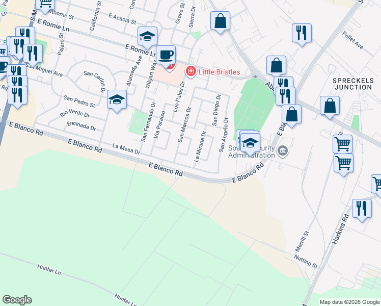 map of restaurants, bars, coffee shops, grocery stores, and more near 1250 La Mirada Drive in Salinas