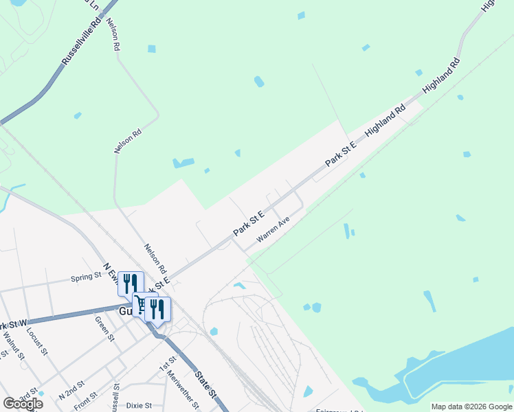 map of restaurants, bars, coffee shops, grocery stores, and more near 120 Park Street East in Guthrie
