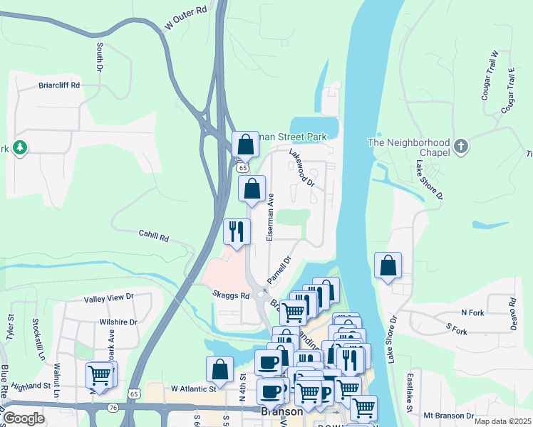 map of restaurants, bars, coffee shops, grocery stores, and more near 619 Eiserman Avenue in Branson