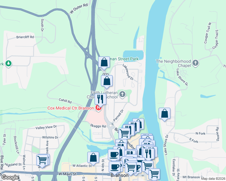 map of restaurants, bars, coffee shops, grocery stores, and more near 621 Eiserman Avenue in Branson